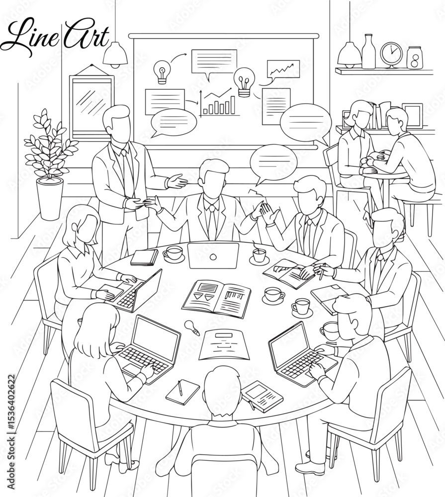 Large Business Meeting Around Round Table Line Art Large Business Meeting Around Round Table Line Art