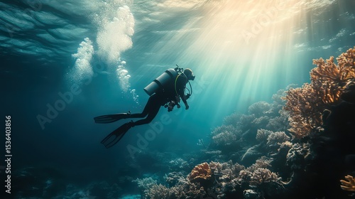 Wallpaper Mural Scuba Diver Explores Underwater Coral Reef with Sunlit Rays and Bubbles Torontodigital.ca