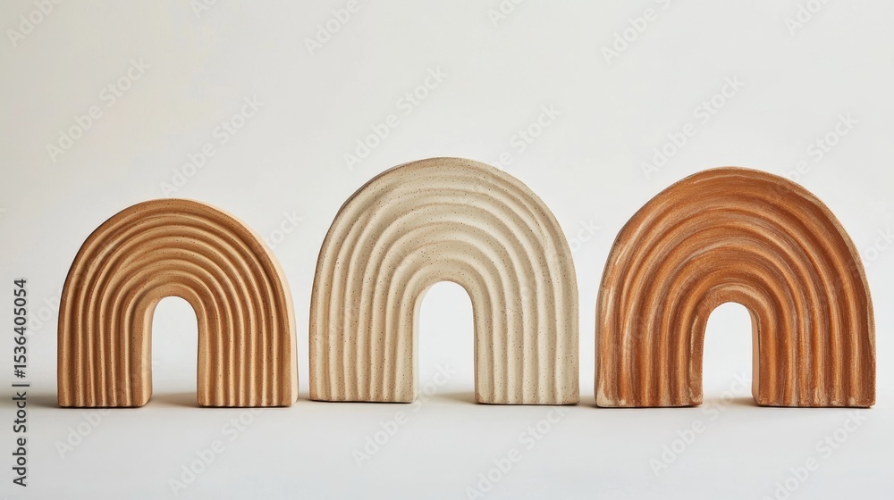 Fototapeta premium 29.A trio of minimalist art pieces in warm terracotta and sandy beige, combining abstract forms of the sun, arcs resembling rainbows, and organic shapes of handcrafted pottery.
