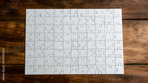 White Jigsaw Puzzle Partially Assembled On Dark Wooden Surface Overhead View