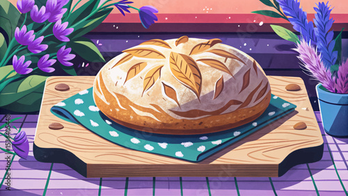 baked sourdough bread with golden crispy crust placed on rustic wooden board. Artisan homemade loaf ideal for bakery, food blogs, or culinary illustrations