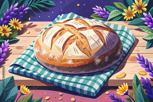 baked sourdough bread with golden crispy crust placed on rustic wooden board. Artisan homemade loaf ideal for bakery, food blogs, or culinary illustrations