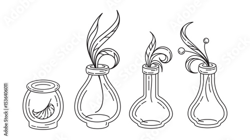 Fantasy potion bottles and jar with herbs and berries whimsical vector line art for stickers, planners, and magical designs