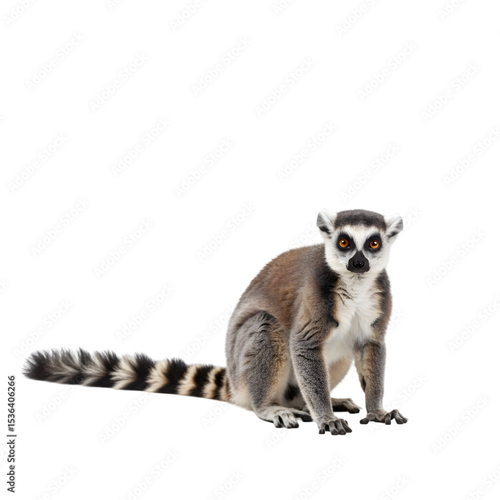 Fototapeta premium Ring-tailed Lemur: Wildlife Photography, Madagascar Primate, Animal Portrait, Lemur Species, Isolated on White Background on transparent background