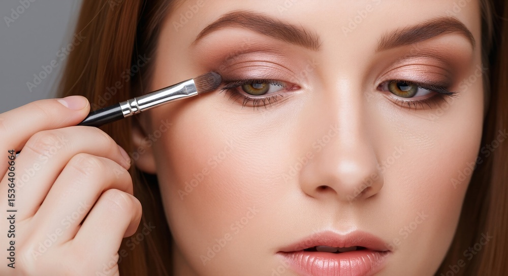 Woman applying eyeshadow with brush on eyelid. Studio portrait with bokeh background. Eye makeup concept. Image for banner, poster, wallpaper and advertisement Woman applying eyeshadow with brush on eyelid. Studio portrait with bokeh background. Eye makeup concept. Image for banner, poster, wallpaper and advertisement