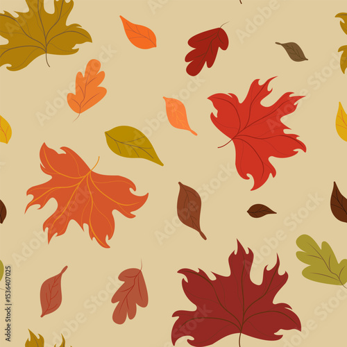 Seamless pattern of scattered autumn leaves in warm fall colors (red, orange, yellow, brown, olive green) on a light beige background. Ideal for cozy seasonal designs and fabrics.