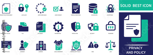 privacy and policy icon set featuring data protection, confidentiality, global, security, privacy, responsibility, justice, policy, regulations, secure, access, compliance, terms, and safety symbols.