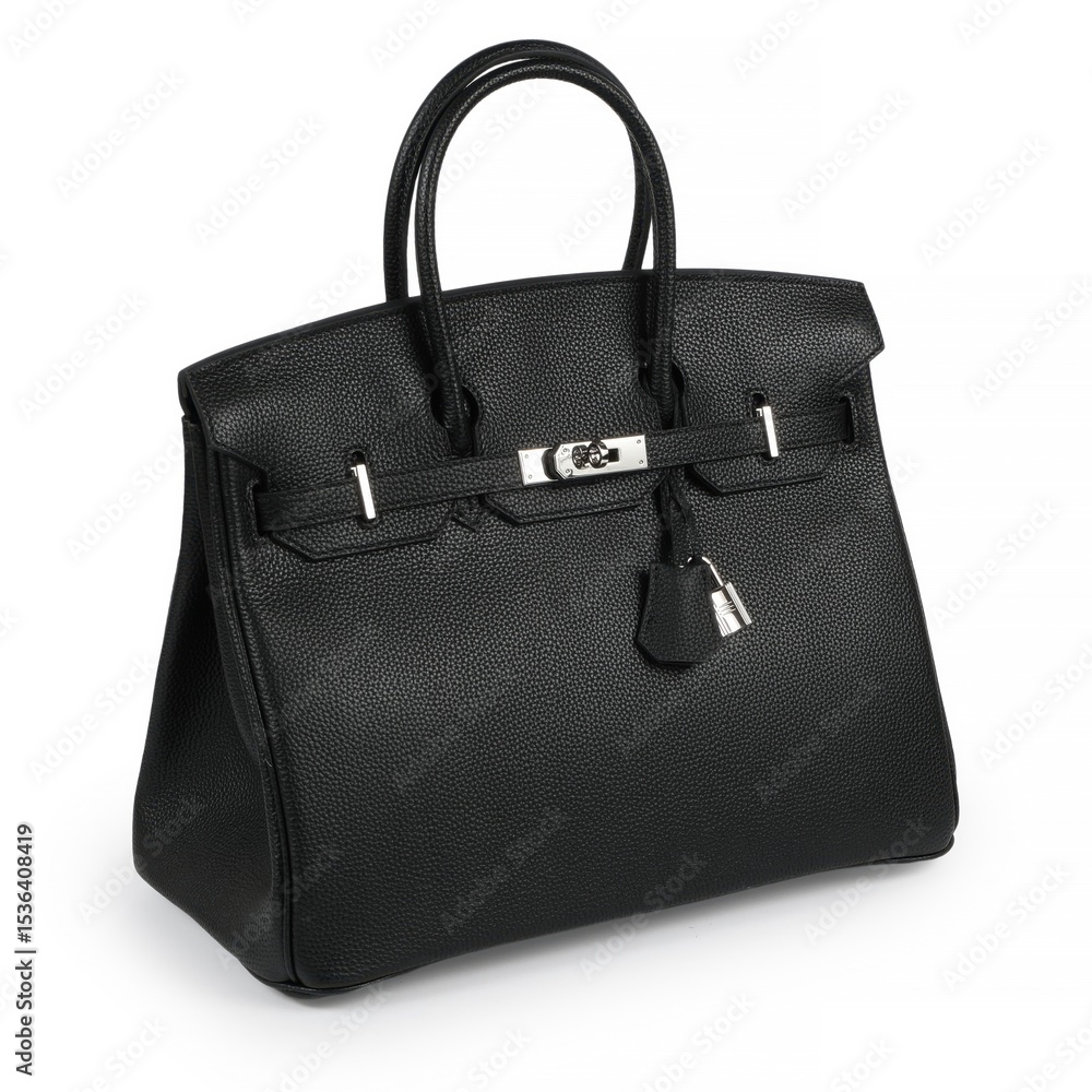 Naklejka premium Luxurious Black Leather Handbag in Birkin Style on White Background