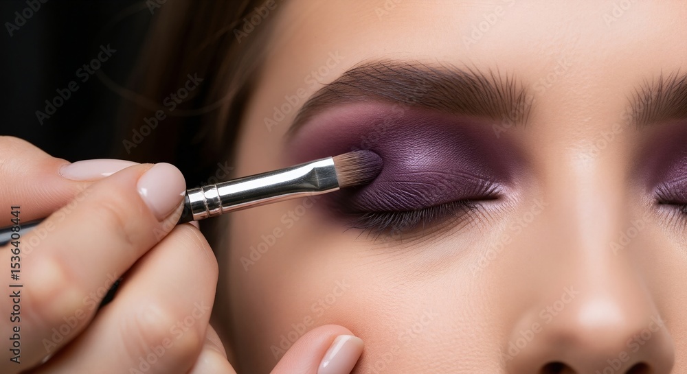 Fototapeta premium Woman applying vibrant purple eyeshadow with makeup brush. Bold dramatic makeup tutorial concept. Image for makeup tutorials and beauty content. Closeup application.