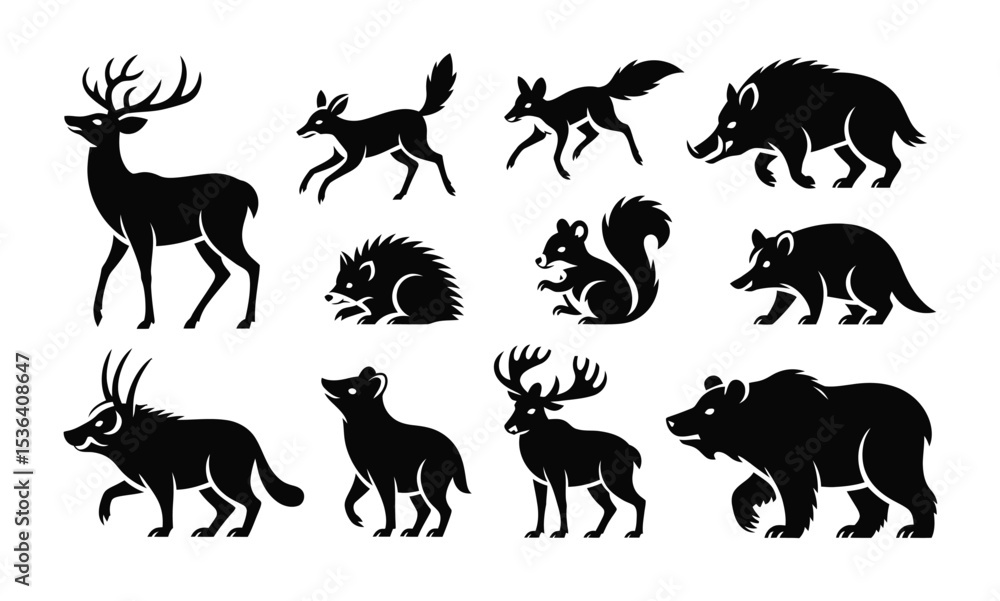 Obraz premium silhouette collection of deer, fox, boar, bear, wolf, hedgehog, squirrel, raccoon in dynamic forest wildlife poses isolated on white