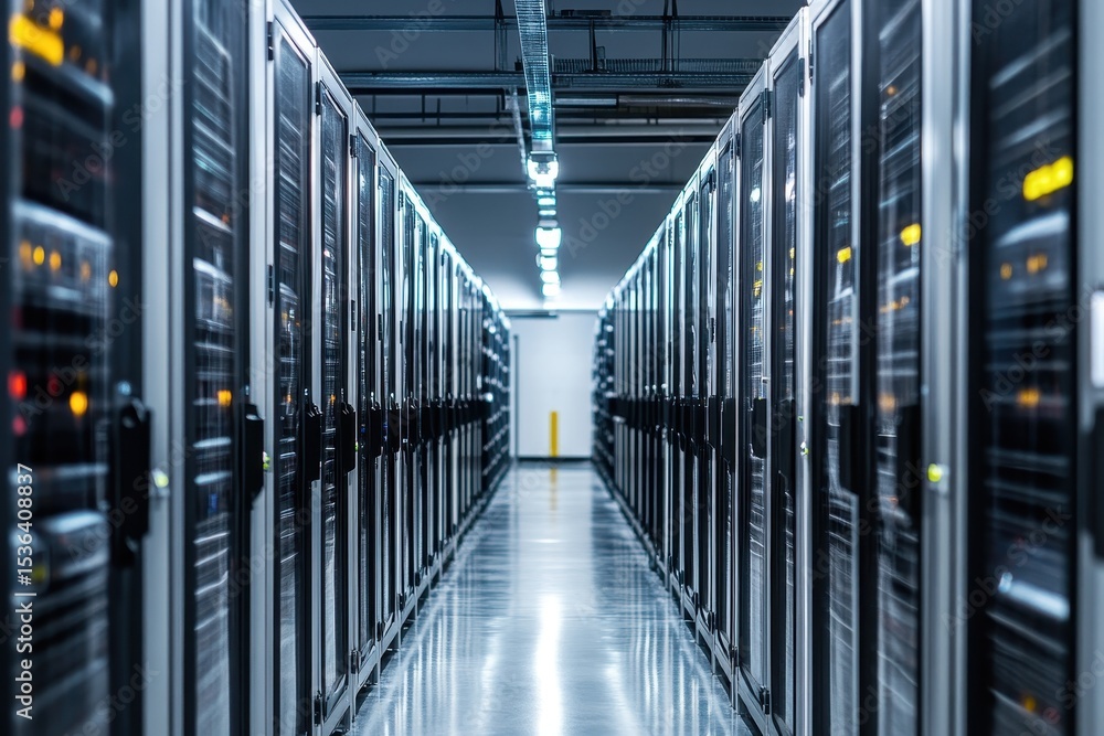 Naklejka premium Rows of servers in a data center, long aisle with shiny floor. Illustrates cloud computing, big data, networking, or data storage.