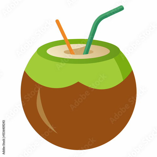 Vector of a coconut drink with straw and garnish. Use for beach bar promotions, tropical-themed parties, and poolside event posters.