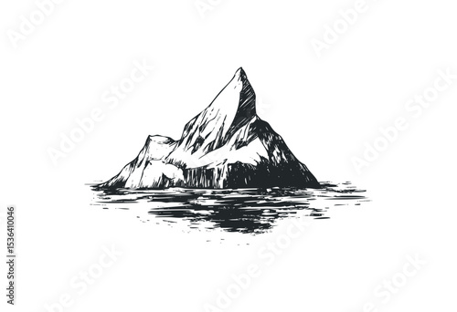 Monochrome iceberg drawing in calm waters: nature's majestic sculpture. Vector retro hand drawn illustration