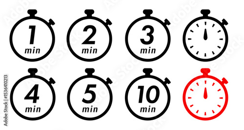 残り時間を表示するタイマー/ストップウォッチ/時計のアイコンイラストデザインセット(timer clock stopwatch 1min 2min 3min 4min 5min 6min 7min 8min 9min 10min 15min 20min 25min 30min 残り時間 シンプル アイコンイラスト ベクター 編集可能 モノクロ)	