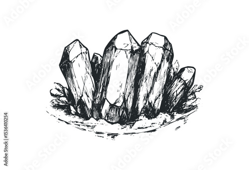 Detailed line art of clustered quartz crystal points. Vector retro hand drawn illustration