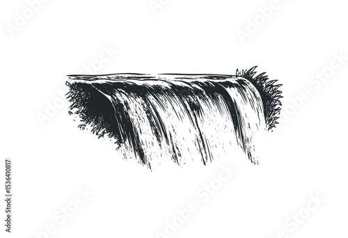 Artistic black and white waterfall sketch with flowing water. Vector retro hand drawn illustration