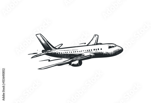 Sketch of a commercial airplane in flight captured in detailed ink drawing. Vector retro hand drawn illustration