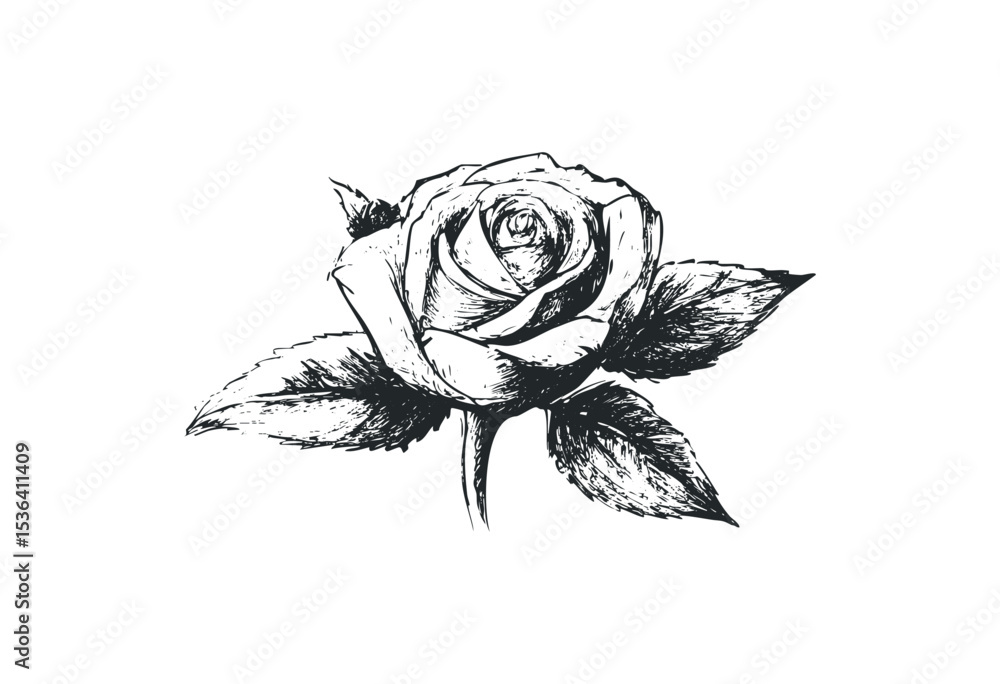 Fototapeta premium Detailed black ink rose sketch with leaves and stem. Vector retro hand drawn illustration