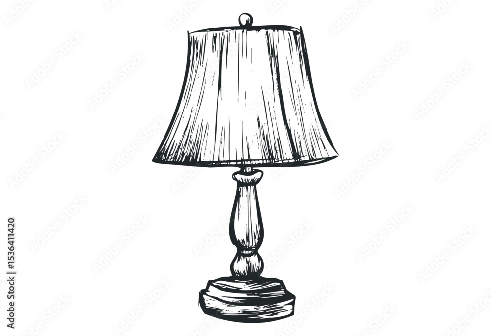 Obraz premium Hand-drawn table lamp sketch with textured shade and elegant base. Vector retro hand drawn illustration