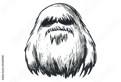 Monochrome sketch of mysterious hairy creature with sunglasses. Vector retro hand drawn illustration