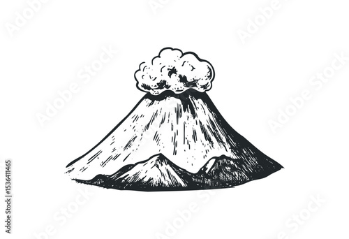 Vintage hand-drawn volcano eruption with ash cloud in retro style. Vector retro hand drawn illustration