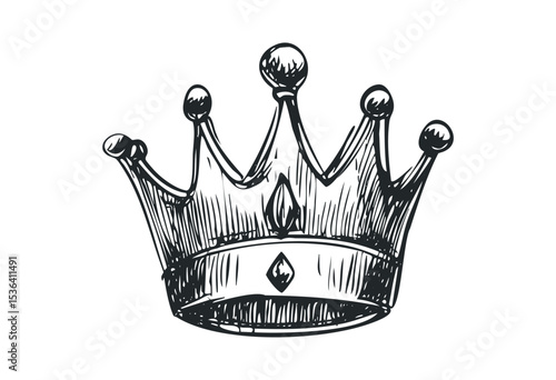 Detailed sketch of a classic crown with gemstones and ornamentation. Vector retro hand drawn illustration