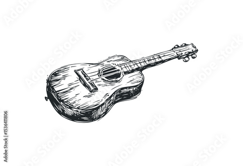 Detailed sketch of a classical acoustic guitar with strings and frets visible. Vector retro hand drawn illustration
