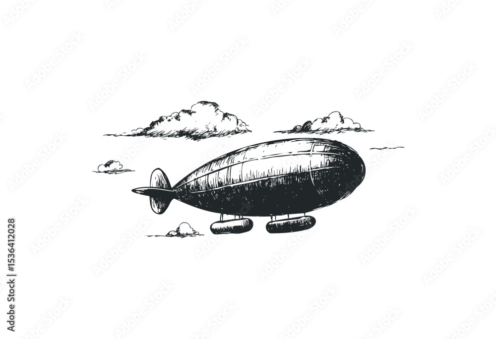 Obraz premium Vintage airship floating among clouds in detailed sketch design. Vector retro hand drawn illustration