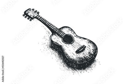 Detailed sketch of an acoustic guitar with intricate strings and tuning pegs. Vector retro hand drawn illustration