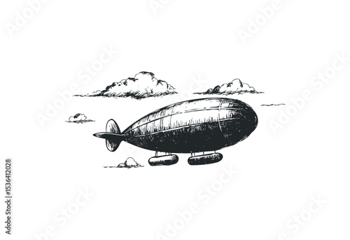 Vintage airship floating among clouds in detailed sketch design. Vector retro hand drawn illustration