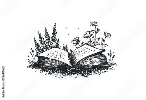 Open book with plants and flowers in vintage botanical illustration. Vector retro hand drawn illustration