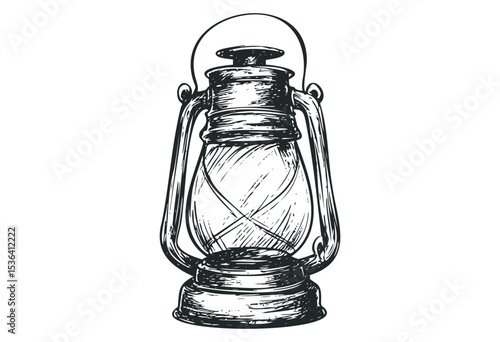 Vintage kerosene lantern drawing with classic design. Vector retro hand drawn illustration