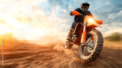 Fototapeta Naklejka Na Ścianę i Meble -  A dynamic shot of a motocross rider speeding across a dirt track at sunset, showcasing the thrill of off-road biking, Ideal for sports magazines, adventure blogs, or promotional materials,