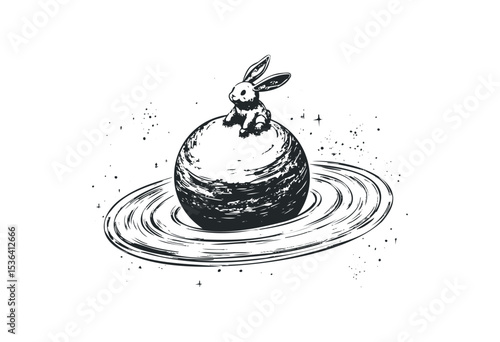 Rabbit on a planet with rings: whimsical celestial illustration in black and white. Vector retro hand drawn illustration