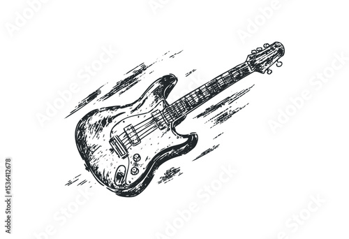 Sketch of vintage electric guitar with dynamic stroke effects. Vector retro hand drawn illustration