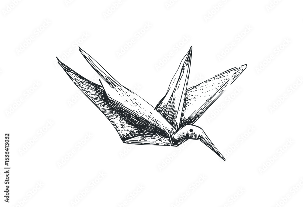 Fototapeta premium Intricate hand-drawn origami crane in detailed ink illustration. Vector retro hand drawn illustration