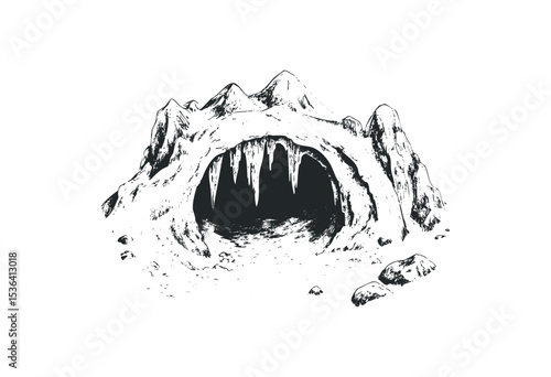 Monochrome cave drawing with jagged rocks and stalactites. Vector retro hand drawn illustration