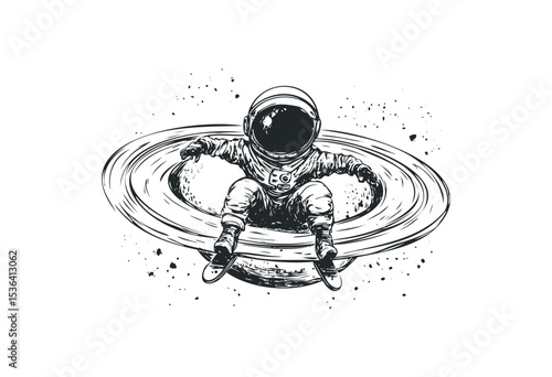 Illustrated astronaut sitting playfully on saturn's rings. Vector retro hand drawn illustration
