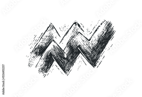 Grunge aquarius zodiac symbol with brush stroke texture. Vector retro hand drawn illustration