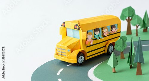 Creative paper origami art of a yellow school bus with children riding through a forest on a curved road