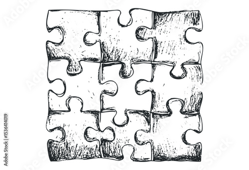 Hand-drawn classic jigsaw puzzle with varied piece sizes and textures. Vector retro hand drawn illustration
