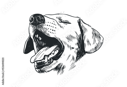 Detailed illustration of a dog yawning drawing with open mouth in black and white. Vector retro hand drawn illustration