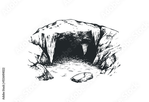 Detailed sketch of a natural cave entrance with stalactites and rocks. Vector retro hand drawn illustration
