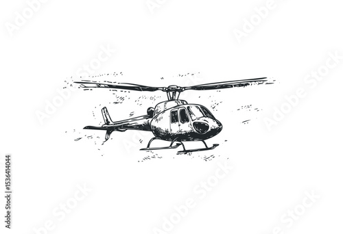 Detailed sketch of a helicopter in mid-flight with rotor blades visible. Vector retro hand drawn illustration