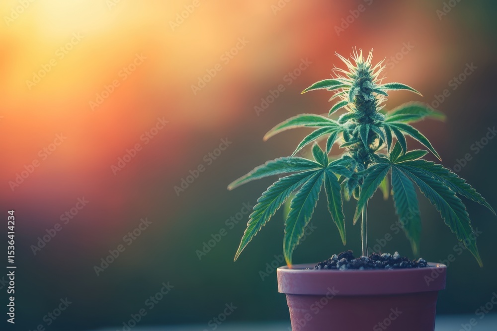 Obraz premium Cannabis plant growing in small pot, sunset background. Showcase alternative medicine,legalization of cannabis.