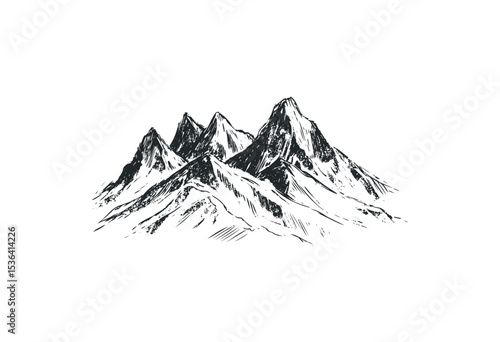 Detailed sketch of majestic mountain peaks in black and white. Vector retro hand drawn illustration