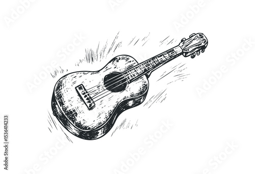 Hand-drawn acoustic guitar sketch with detailed strings and body. Vector retro hand drawn illustration
