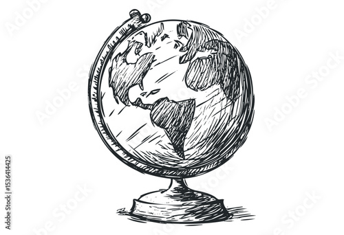 Hand-drawn globe sketch highlighting europe and africa. Vector retro hand drawn illustration