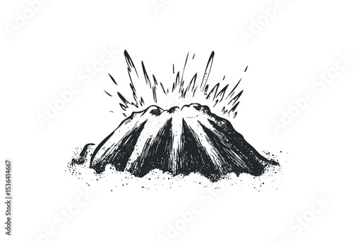 Hand-drawn erupting volcano with explosive lava burst. Vector retro hand drawn illustration