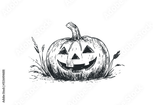 Hand-drawn halloween jack-o'-lantern with grinning face and autumn plants. Vector retro hand drawn illustration